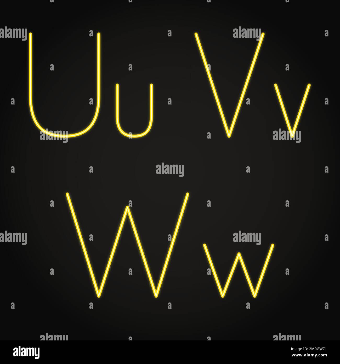Leuchtende Neonbuchstaben U, V und W. leuchtende Buchstaben. Vektordarstellung. Stock Vektor