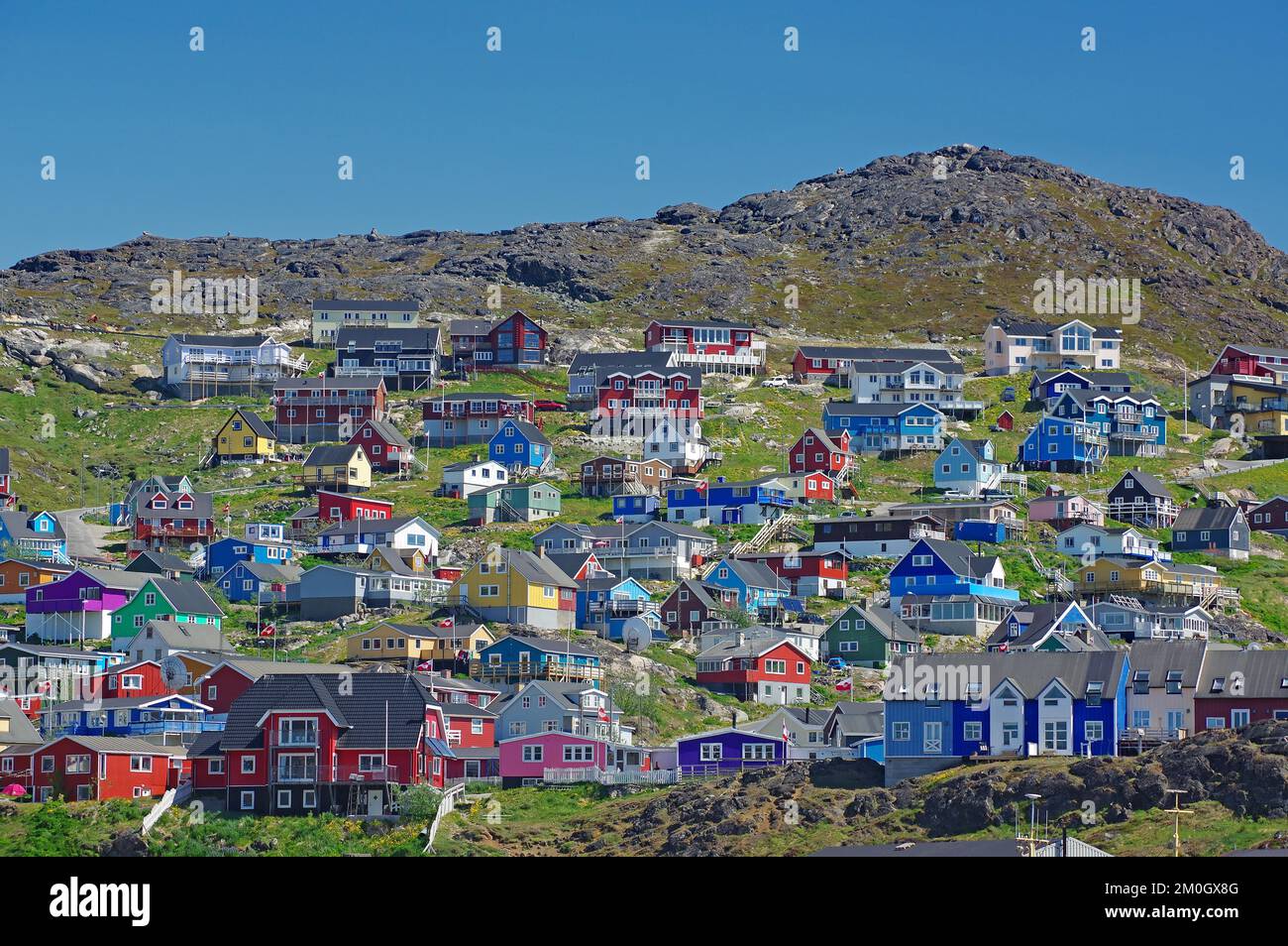 Farbenfrohe Holzhäuser auf einem Berg, Stadt, Qaqortoq, Arktis, Südgrönland, Grönland, Dänemark, Nordamerika Stockfoto
