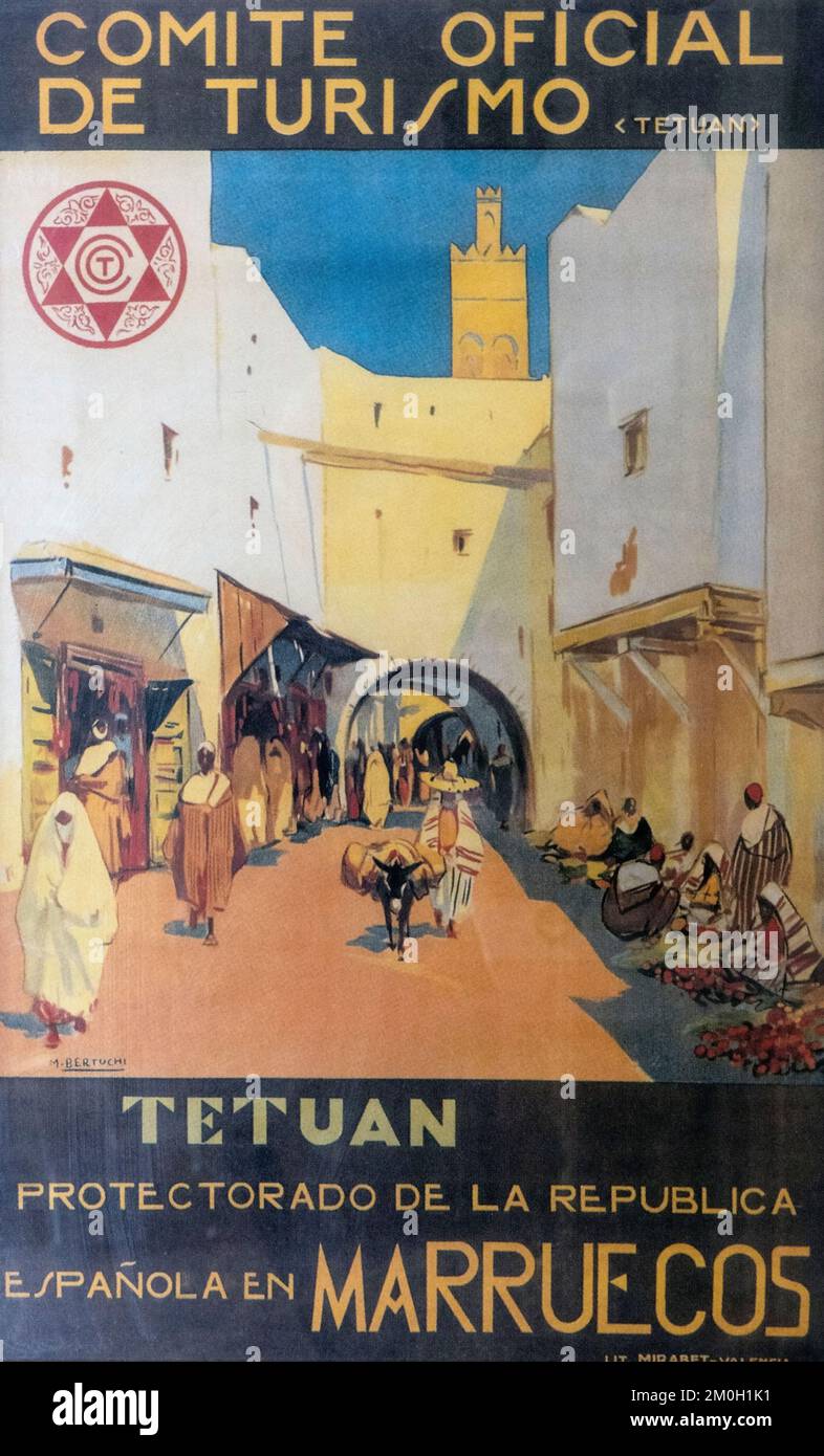 Tourismusplakat, das Tetuan, Marokko, als es noch ein spanisches Protektorat war, beworben hat. Das Poster wurde von dem spanischen Künstler Mariano Bertuchi, 1884 - 1955, entworfen. Stockfoto