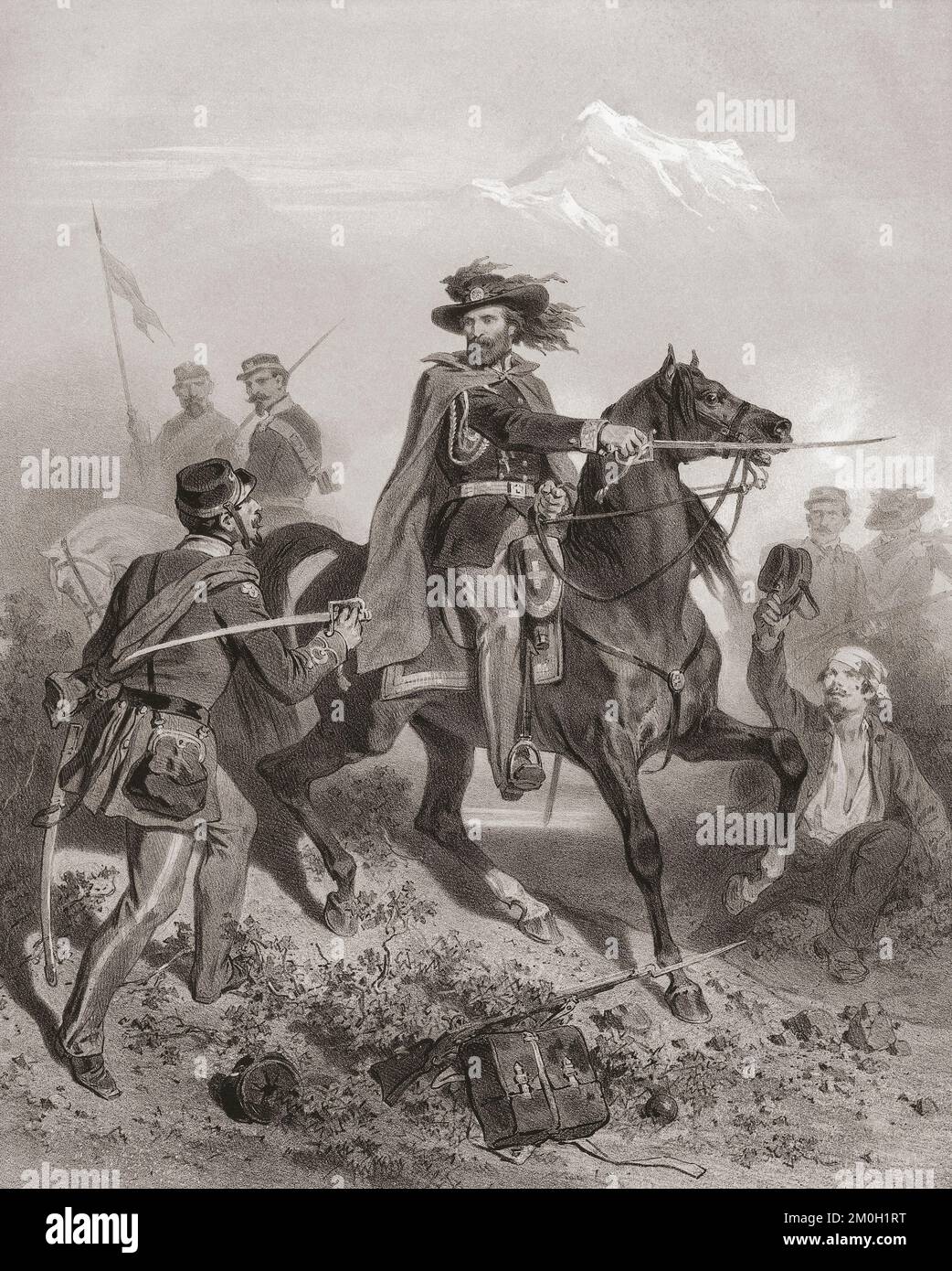 Giuseppe GaribaIdi, 1807 - 1882, führt seine Männer in der Schlacht von Varese, 26. Mai 1859 während des Zweiten italienischen Unabhängigkeitskriegs. Nach einem zeitgenössischen Werk von Adolphe Jean Baptiste Bayot. Stockfoto
