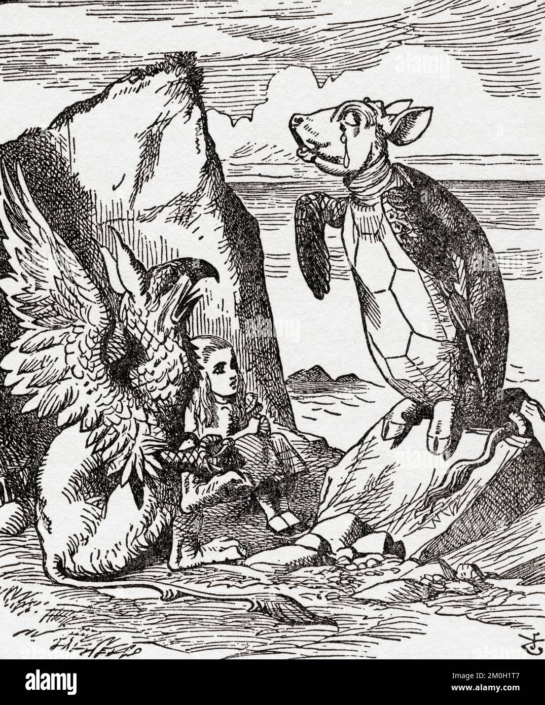Alice und die Gryphon hören sich die Geschichte von The Mock Turtle an. Aus Alice's Adventures in Wonderland, veröffentlicht 1941. Stockfoto