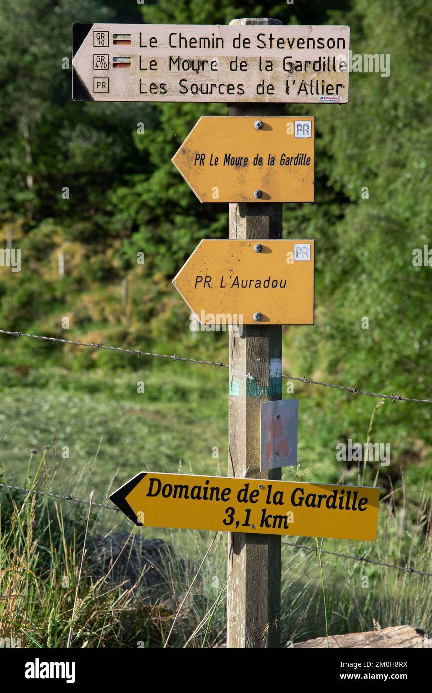 Frankreich, Lozere, Cheylard-l'Eveque, Straßenschild auf Stevensons Pfad Stockfoto