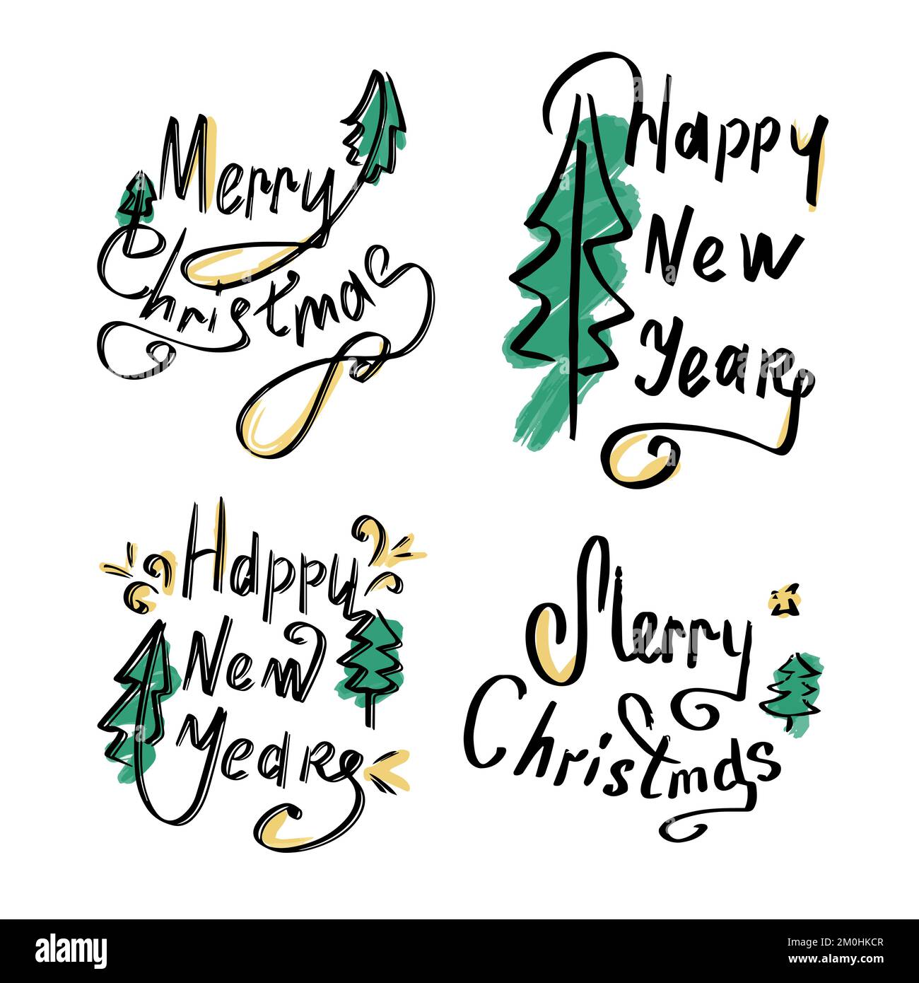 Ein Satz kalligraphischer Aufschriften. Frohes neues Jahr und Frohe Weihnachten. Wunderschöne schwarze Schrift mit Wirbeln und farbigen Elementen. Konstruktionsvorlage für Stock Vektor