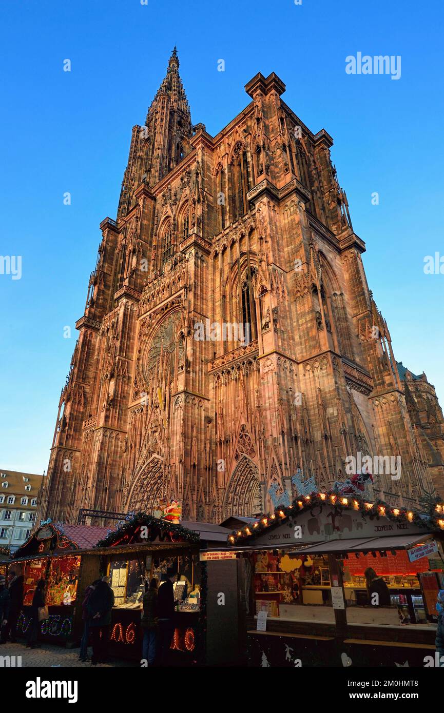 Frankreich, Bas Rhin, Straßburg, Altstadt, UNESCO-Weltkulturerbe, Kathedrale Notre Dame, Weihnachtsmarkt (Christkindelsmarik) am Fuße der Kathedrale Notre Dame Stockfoto