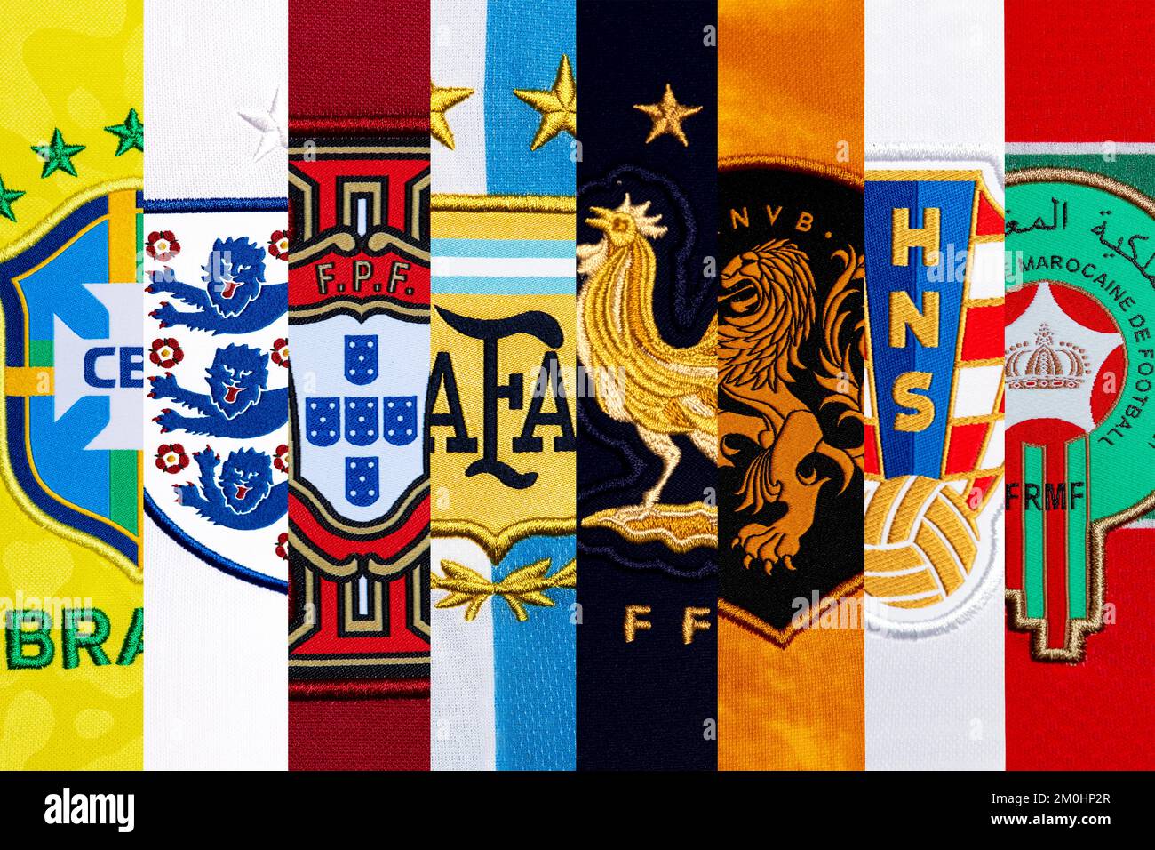 Nahaufnahme des Wappen der Nationalfußballmannschaft auf dem Heimtrikot. Viertelfinalisten der FIFA Fußball-Weltmeisterschaft 2022 in Katar. Stockfoto