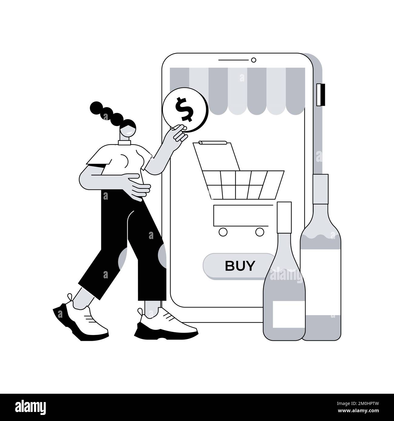 Alcohol E-Commerce abstrakte Konzept Vektor Illustration. Online-Lebensmittelgeschäft, Alkoholmarkt, Online-Wein direkt an Verbraucher, Spirituosengeschäft, kontaktlose Lieferung, Bleiben Sie zu Hause abstrakte Metapher. Stock Vektor