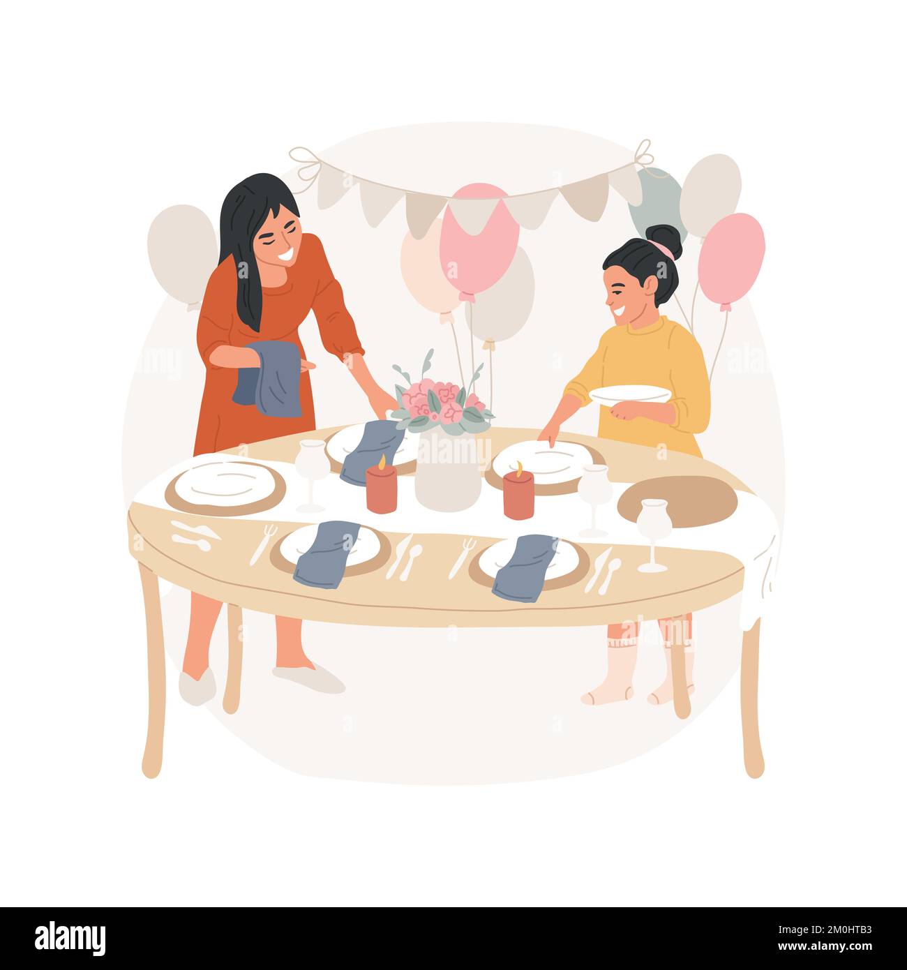 Legen Sie die Darstellung des isolierten Cartoon-Vektors für die Tabelle fest. Vorbereitung für die Heimparty, Kochen für Gäste, Familiendecken des Tisches zu Hause, Kinder helfen beim Aufstellen von Tellern, Besteck und Servietten Vektor-Cartoon. Stock Vektor