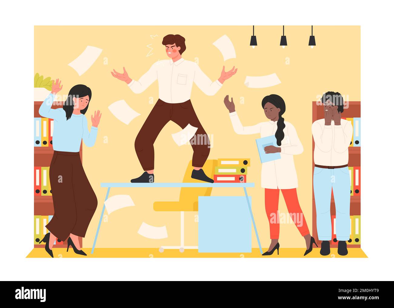 Chaos und Chaos im Büro, geschäftliche Probleme und schlechte Arbeitsorganisation – Vektordarstellung. Cartoon-beschäftigter, wütender Geschäftsmann, der auf dem Schreibtisch mit einem Stapel von Dokumenten steht, chaotischer Arbeitsplatz von Managern Stock Vektor