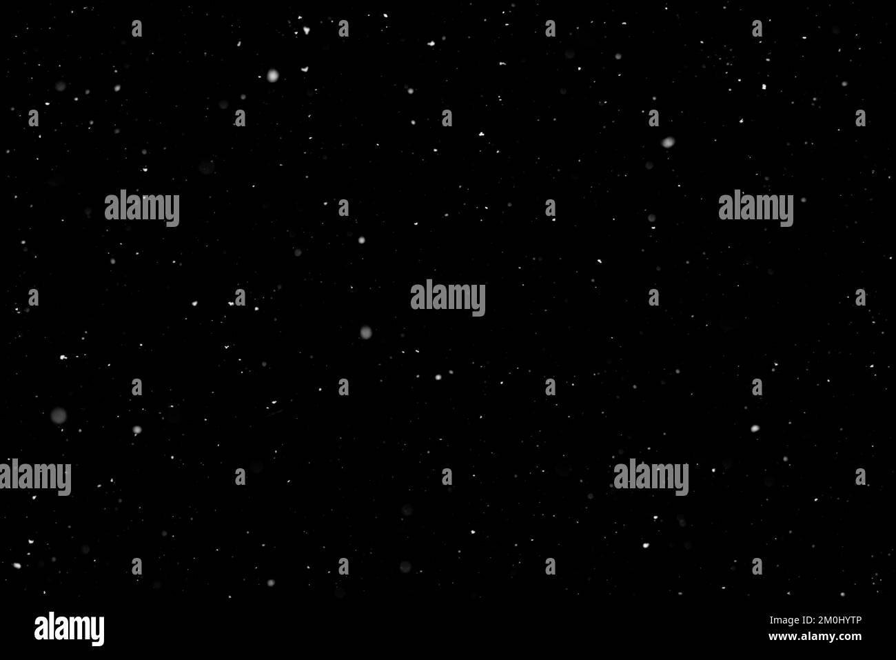 Leichter echter Schneefall in kurzer Belichtungszeit vor schwarzem Hintergrund. Funktioniert gut als Overlay. Horizontale Ausrichtung. Stockfoto