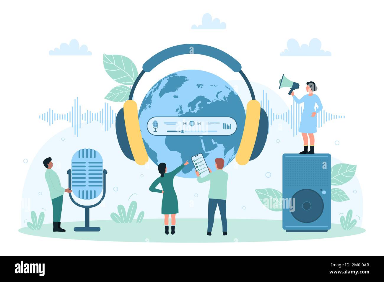 Globale Telekommunikation, Tonaufzeichnungsvektordarstellung. Kleine Cartoon-Menschen, die mit Kopfhörern auf die Erde zeigen, verwenden Lautsprecher und Mikrofon, um Radio-Podcasts, Musik und Stimme aufzunehmen Stock Vektor