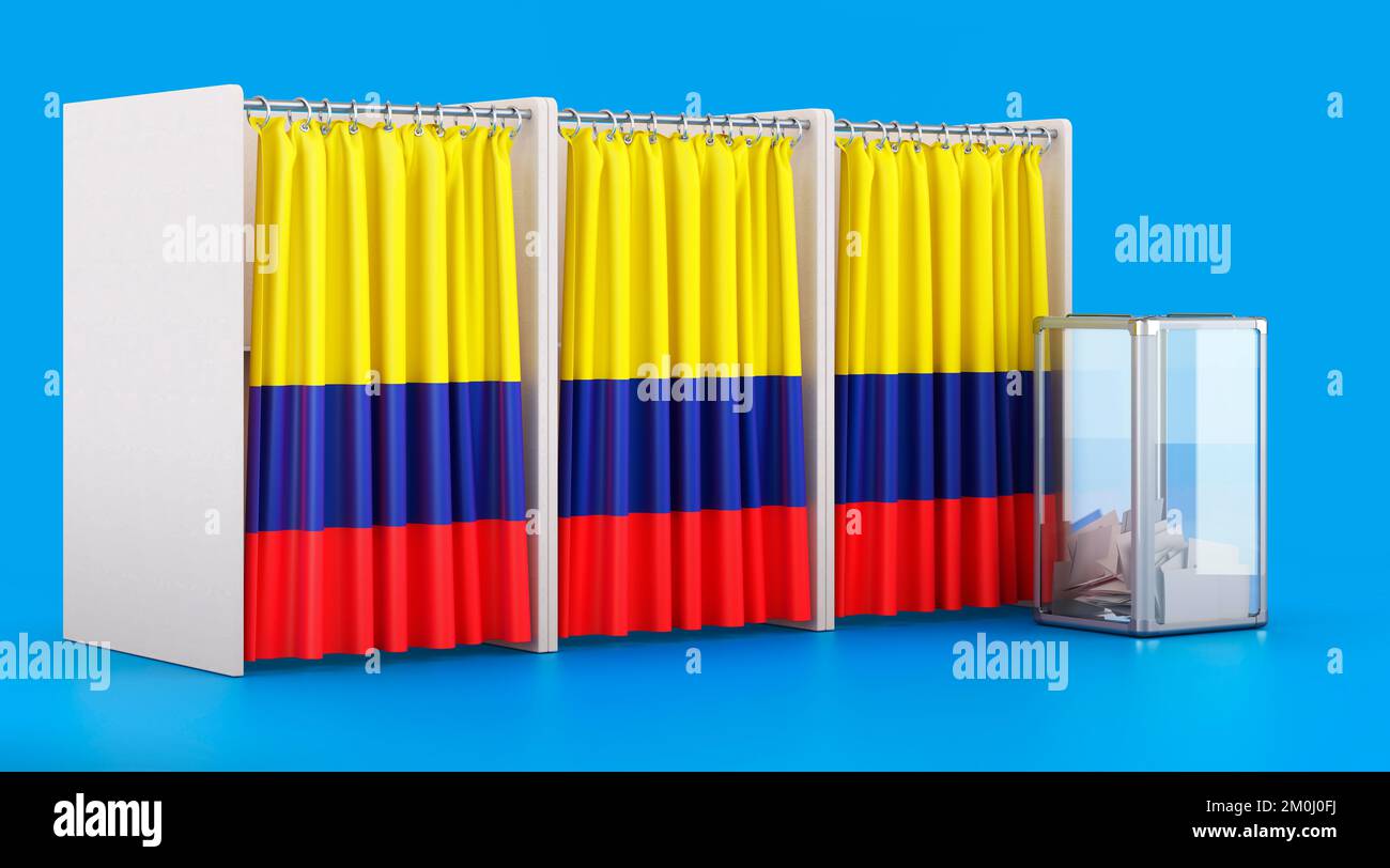 Wahlkabinen mit kolumbianischer Flagge und Wahlurne. Wahlen in Kolumbien, Konzept. 3D-Rendering auf blauem Hintergrund isoliert Stockfoto