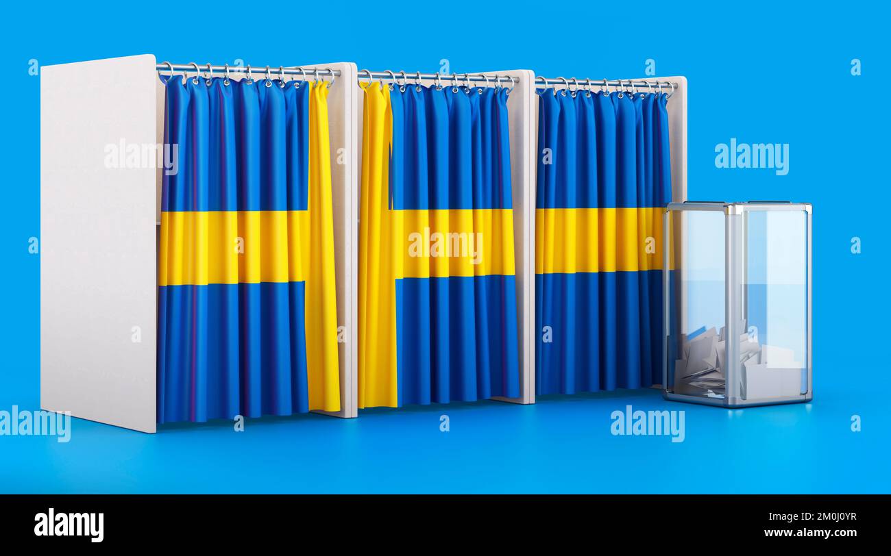 Wahlkabinen mit schwedischer Flagge und Wahlurne. Wahlen in Schweden, Konzept. 3D-Rendering auf blauem Hintergrund isoliert Stockfoto