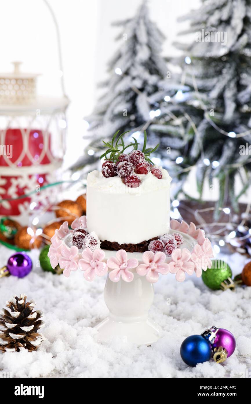 Mousse Cakes mit Kokosnusscreme und griechischer Joghurt über Schokoladenkuchen sind das perfekte Dessert. Gib Schlagsahne und Beeren hinzu. Verwöhnen Sie Freunde und Angehörige Stockfoto