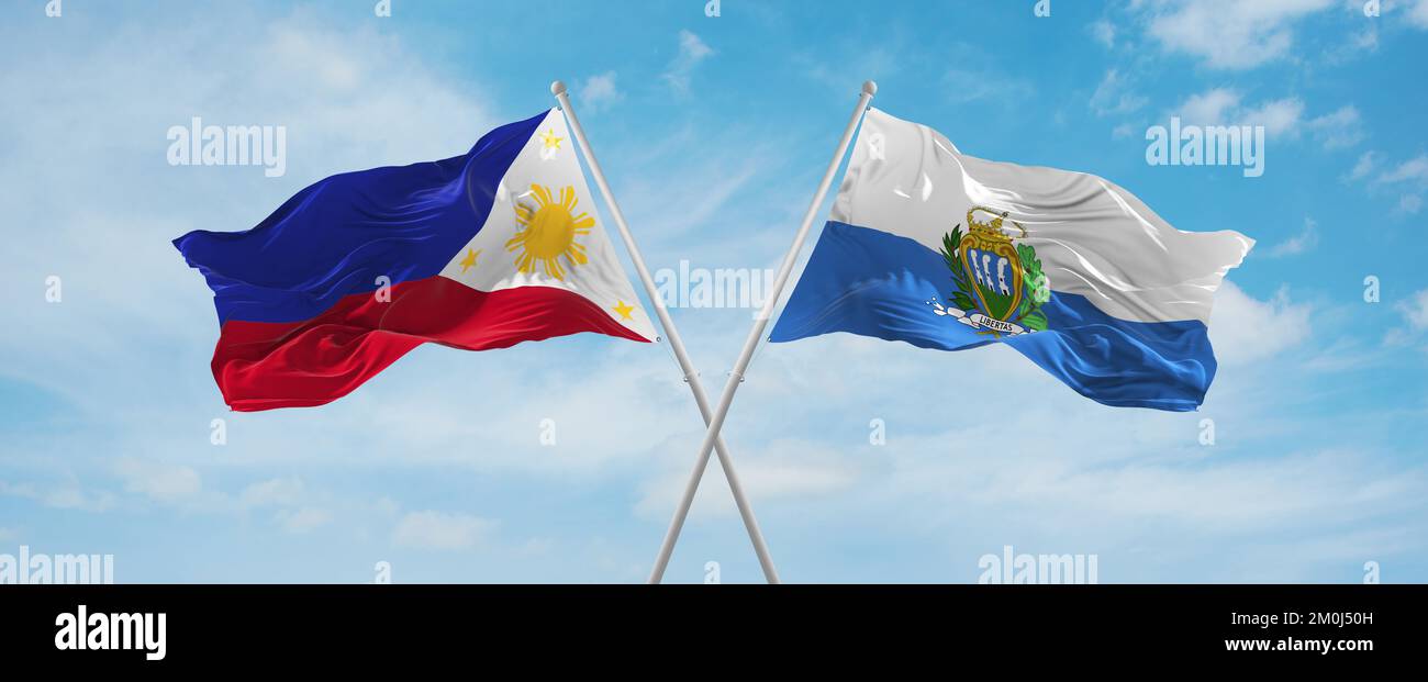 Zwei gekreuzte Flaggen San Marino und Philippinen, die im Wind am bewölkten Himmel winken. Beziehungskonzept, Dialog, Reisen zwischen zwei Ländern. 3D illus Stockfoto