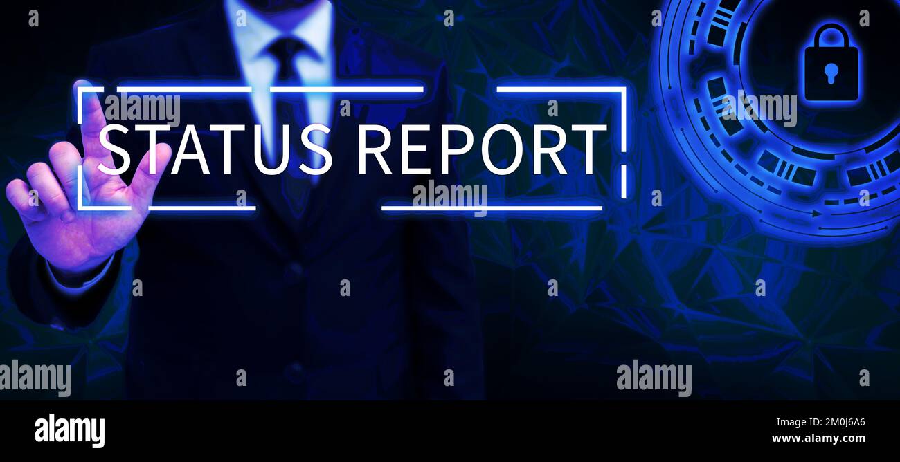 Inspiration mit Statusbericht für Vorzeichen. Aktualisierung der Geschäftsidee Übersicht über Situationen in einem bestimmten Zeitraum Stockfoto