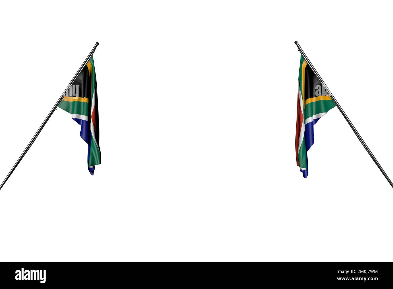 Wundervolle Urlaubsflagge 3D Illustration - zwei südafrikanische Flaggen hängen in Eckmasten von zwei Seiten isoliert auf weiß Stockfoto