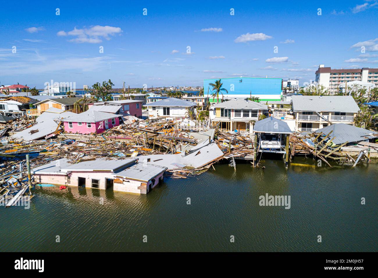 Fort Ft. Myers Beach Florida, Estero Island, Luftblick von oben, Häuser Hütten Eigentum Hurrikan Ian beschädigt Zerstörung des Stockfoto