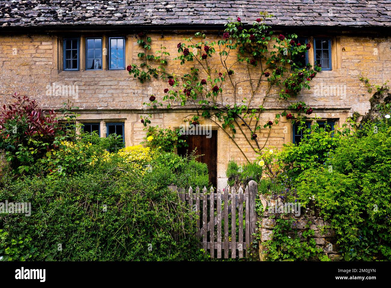 Guiting Power Cottage mit Pfosten und Rosen klettern auf das Steindach. Stockfoto