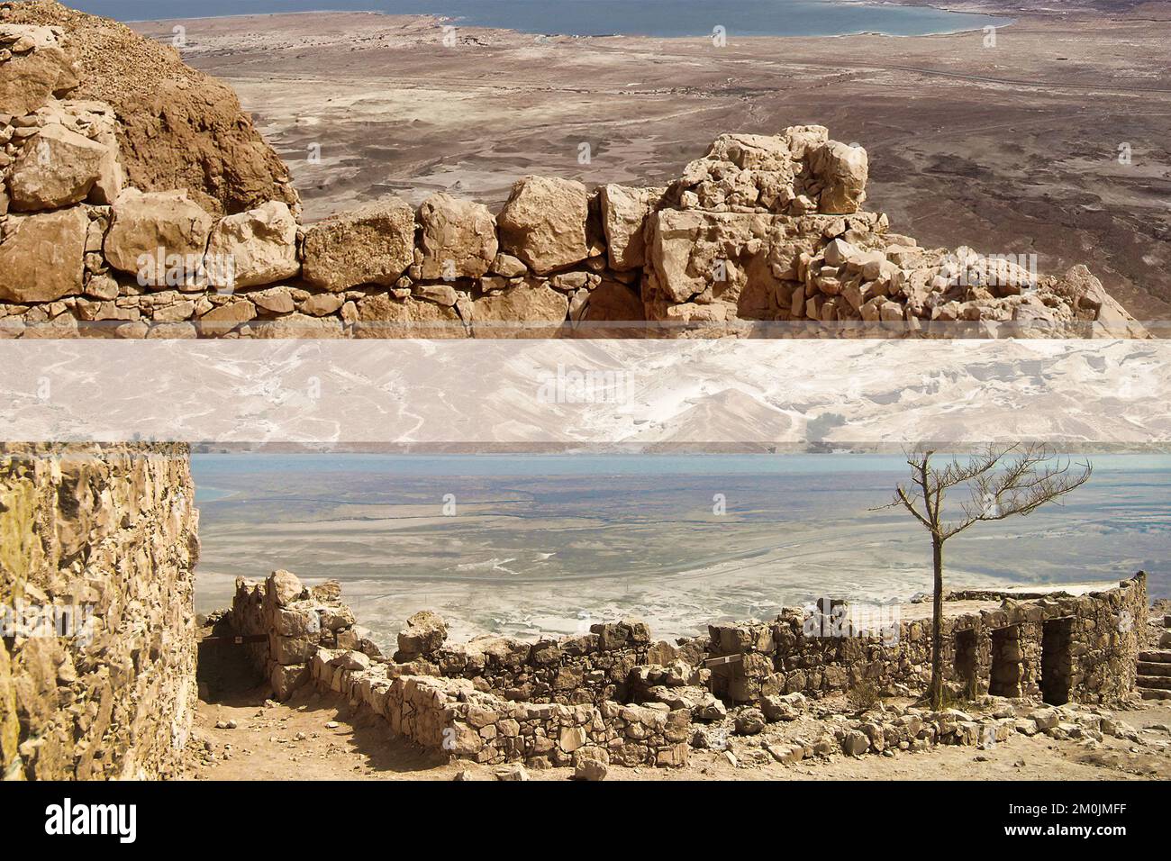 Masada ist eine Festung in Israel, die die Ruinen der letzten Festung des Königreichs Israel umgibt, bevor sie von den Römern vollständig zerstört wurde. Stockfoto