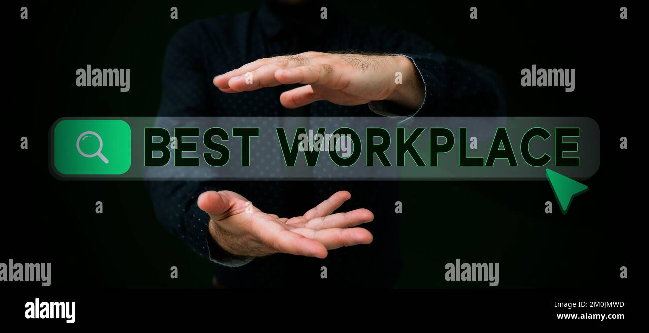 Schild mit der Anzeige „Bester Arbeitsplatz“. Word für ein ideales Unternehmen, das stressfrei mit hoher Vergütung arbeitet Stockfoto