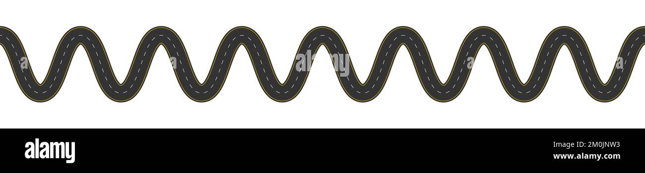 Nahtloses Muster der kurvenförmigen Straße. Draufsicht über die horizontale Autobahn. Teil einer Straße oder Landstraße mit Markierung auf weißem Hintergrund. Flache Vektordarstellung Stock Vektor