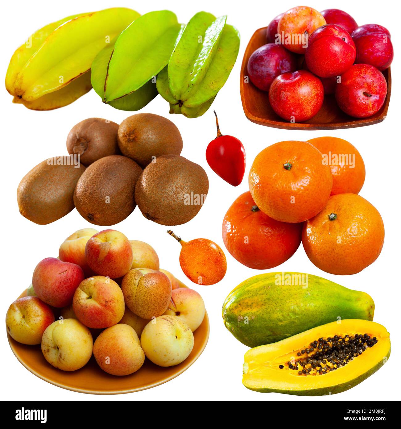 Viele verschiedene Obstsorten auf weißem Hintergrund Stockfoto