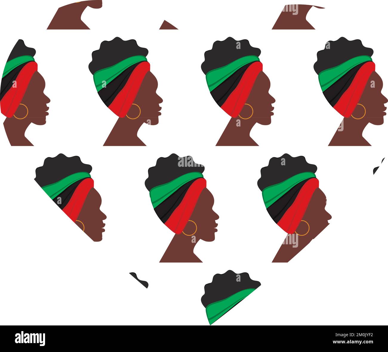 Konturumriss einer Herzform mit einem Muster aus dem Profil afroamerikanischer Frauen nach rechts gedreht. Konzeptbild. Abstrakter Hintergrund. Textur. Eignet sich für Schriftzeichen, Poster oder Einladungen. Stock Vektor
