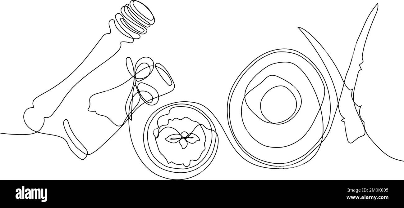 Kontinuierliches Zeichnen einer Reihe von Flaschen mit Öl oder Honig oder Zitronen- oder Limettensaft zum Schrubben und für die Körperpflege mit natürlichen pflanzlichen Hautpflegeprodukten, Draufsicht der Zutaten. Vektordarstellung Stock Vektor