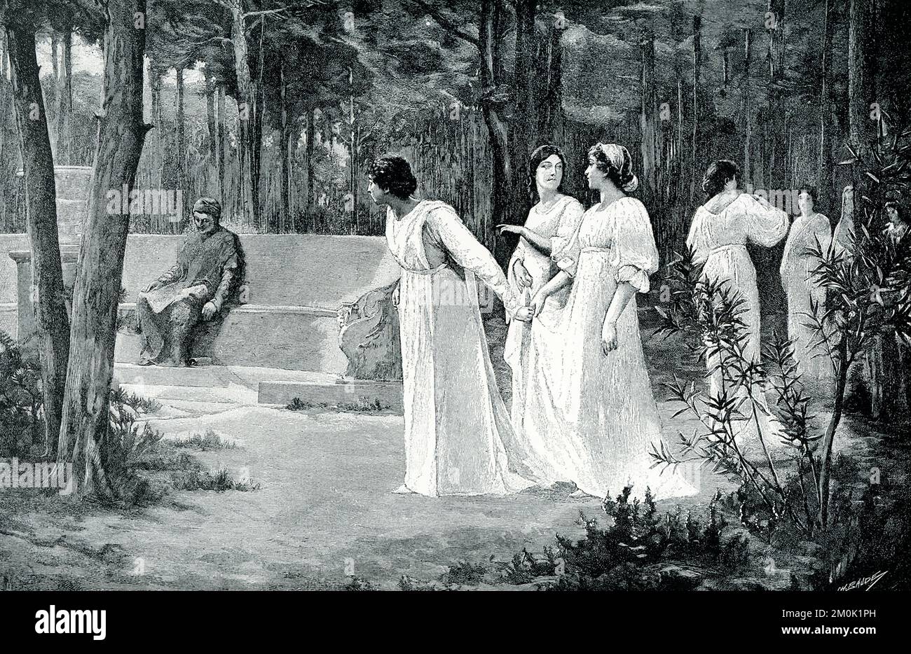 Die Überschrift von 1906 lautet: „Dante, der größte italienische Dichter, ist der Vorläufer der Rennaissance - der wunderbaren Bewegung, die das moderne Leben, Denken und Kunst begann. Unser Bild zeigt ihn jedoch aus der rein menschlichen Seite seines Privatlebens. Er hat sich von der beruhigenden Zärtlichkeit der schönen Damen um ihn herum abgewandt und grübelt über seine Erinnerungen an die eine Frau, die er so sehr geliebt hatte. Er fand Trost darin, ihren Namen unsterblich zu machen, obwohl sie tot war. Sie ist die Heldin seines größten Gedichts.“ Dante Alighieri (1265-1321) war ein italienischer Dichter und Autor der Göttlichen Komödie, A. Stockfoto Die Überschrift von 1906 lautet: „Dante, der größte italienische Dichter, ist der Vorläufer der Rennaissance - der wunderbaren Bewegung, die das moderne Leben, Denken und Kunst begann. Unser Bild zeigt ihn jedoch aus der rein menschlichen Seite seines Privatlebens. Er hat sich von der beruhigenden Zärtlichkeit der schönen Damen um ihn herum abgewandt und grübelt über seine Erinnerungen an die eine Frau, die er so sehr geliebt hatte. Er fand Trost darin, ihren Namen unsterblich zu machen, obwohl sie tot war. Sie ist die Heldin seines größten Gedichts.“ Dante Alighieri (1265-1321) war ein italienischer Dichter und Autor der Göttlichen Komödie, A. Stockfoto