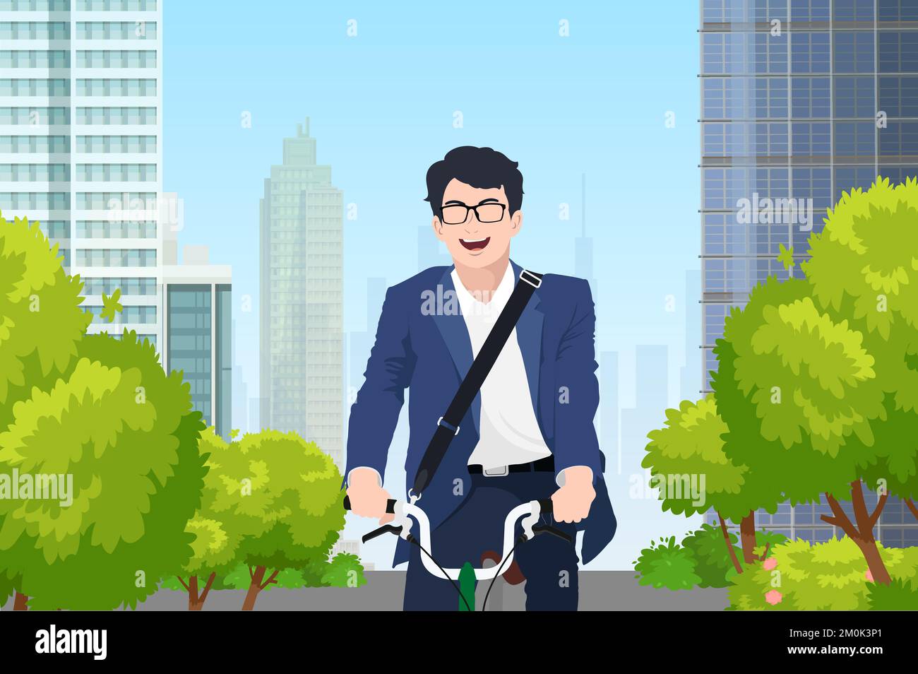 Junger asiatischer Geschäftsmann, der mit dem Fahrrad in eine moderne Stadt pendelt Stock Vektor