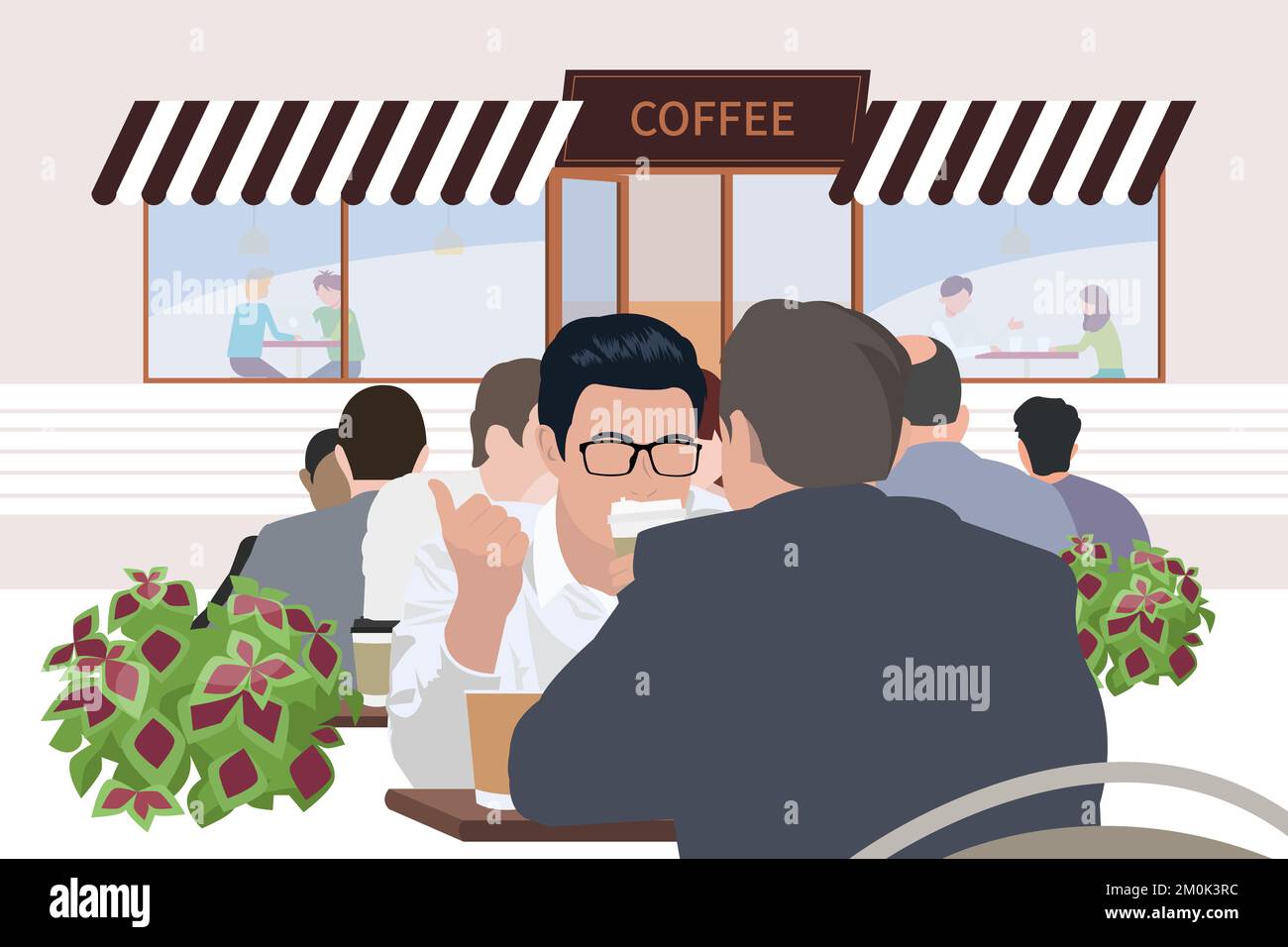 Zwei asiatische Männer, die sich unterhalten, während sie Kaffee im Café trinken Stock Vektor