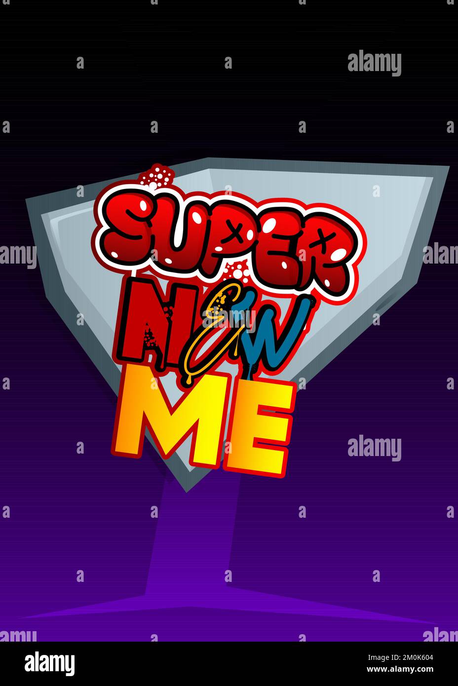 Superhelden-Wappen mit dem Symbol „Super New Me“. Farbenfrohe Vektordarstellung im Comic-Stil. Stock Vektor