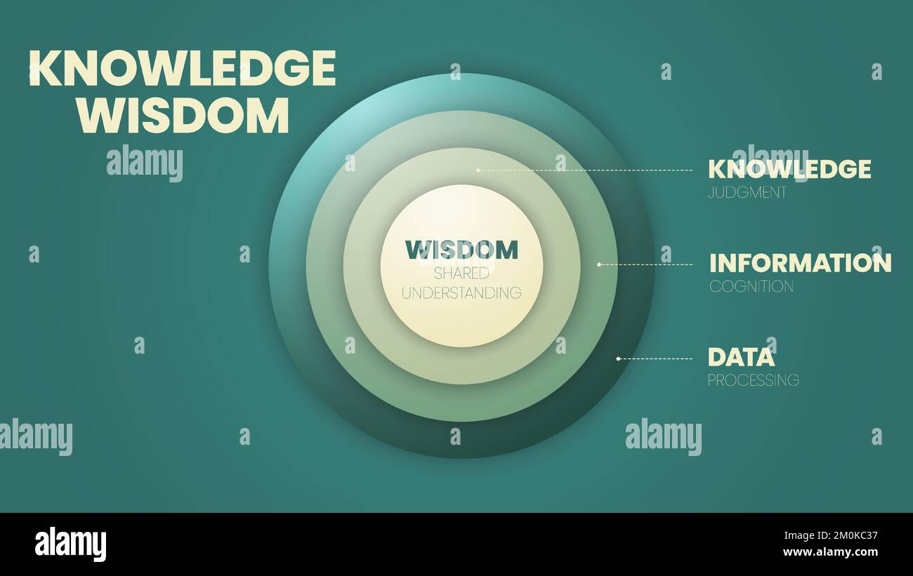 Infografik-Vorlage „Wissenswissenskreis“ mit Icons has Wisdom (gemeinsames Verständnis), Knowledge (Beurteilung), Information (Kognition), Data (Proces) Stock Vektor