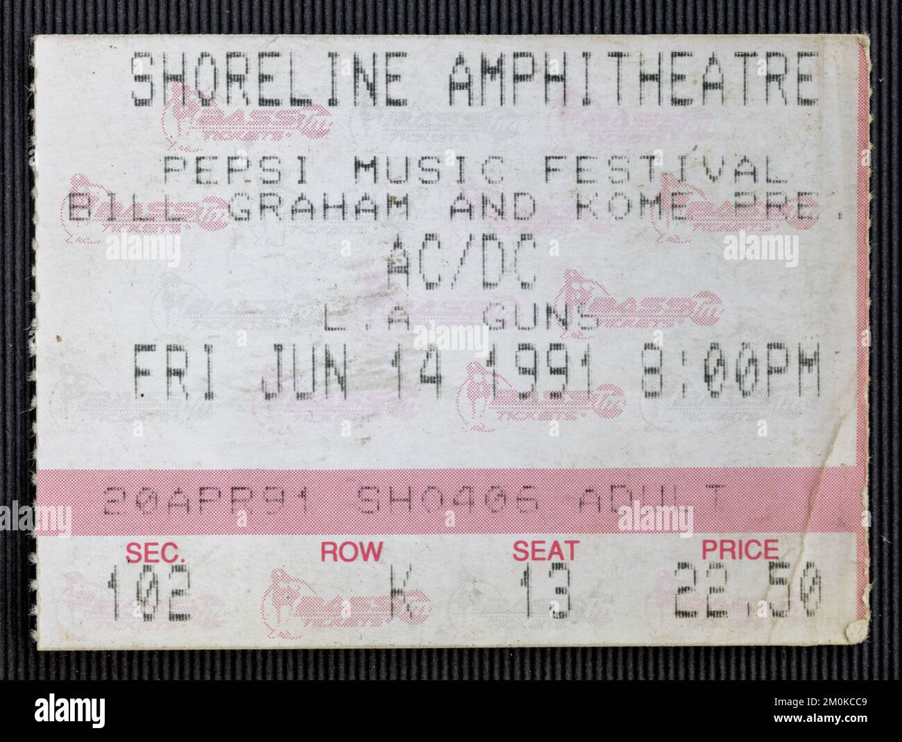 Mountain View, Kalifornien - 14. Juni 1991 - Alte Eintrittskarte für das AC-DC-Konzert im Shoreline Amphitheatre Stockfoto