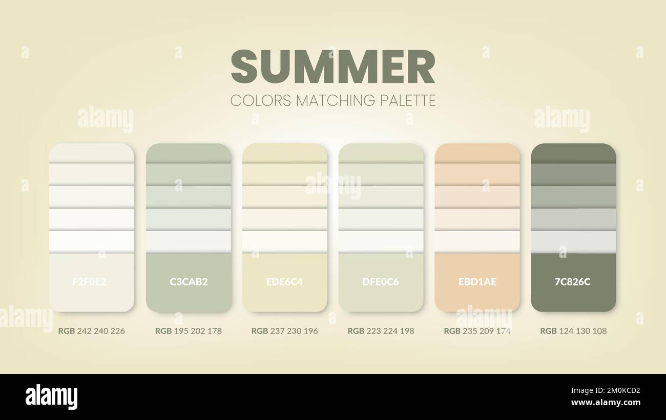 Farbpalette in einer Sommerkollektion. Diagrammvorlage für Farbschema oder Farben. Farbkombinationen aus RGB-, HSL- und HEX-Codes. Farb-swat Stock Vektor