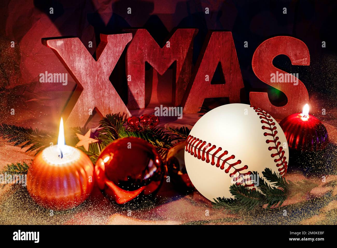 Baseball, Sport-weihnachtskarte mit Weihnachtsschrift und festlicher Dekoration Stockfoto