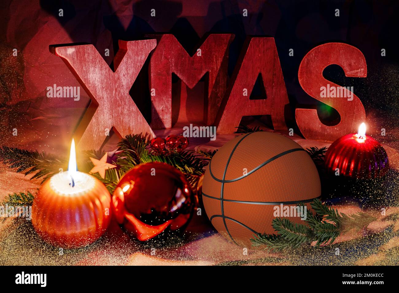 Basketball, Sport-weihnachtskarte mit Weihnachtsschrift und festlicher Dekoration Stockfoto