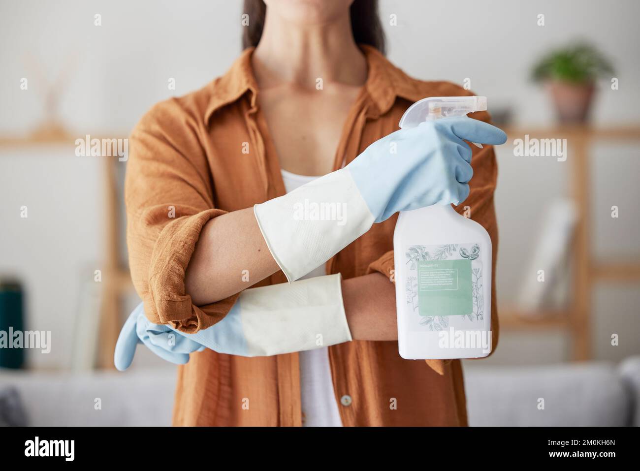 Frau, Frühjahrsputz- und Sprühflasche mit gekreuzten Armen für Haushalt, Hygiene oder Desinfektion von Schmutz, Bakterien und Staub zu Hause. Nahaufnahme Stockfoto