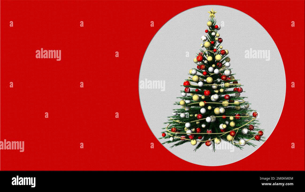 3D Abbildung. Weihnachten. Weihnachtsbaum mit roten Hintergrundgrafiken mit weißer Fläche und Platz für benutzerdefinierten Text oder Logo. Stockfoto