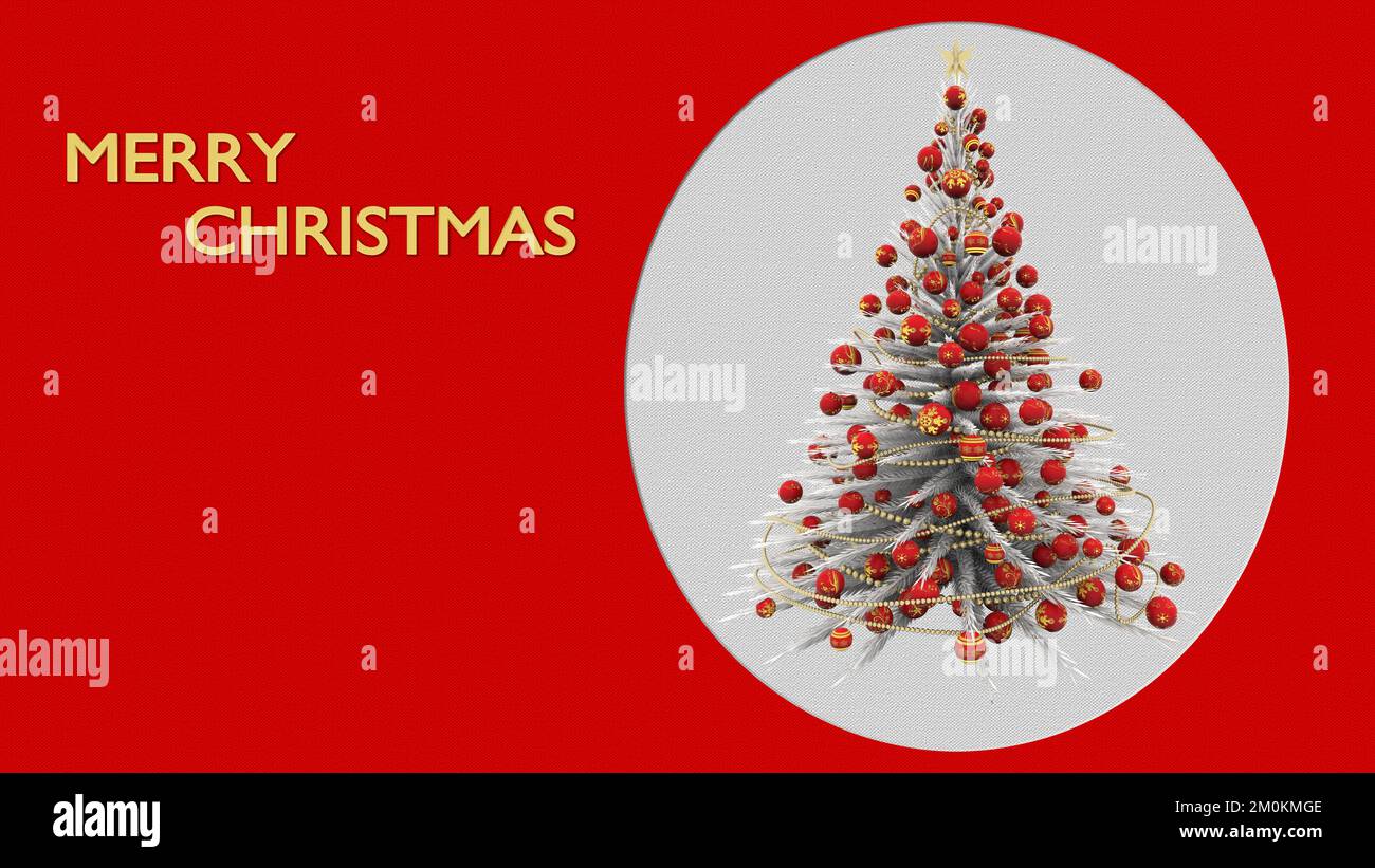 3D Abbildung. Weihnachten. Weihnachtsbaum mit roten Hintergrundgrafiken mit weißer Fläche und Platz für benutzerdefinierten Text oder Logo. Stockfoto