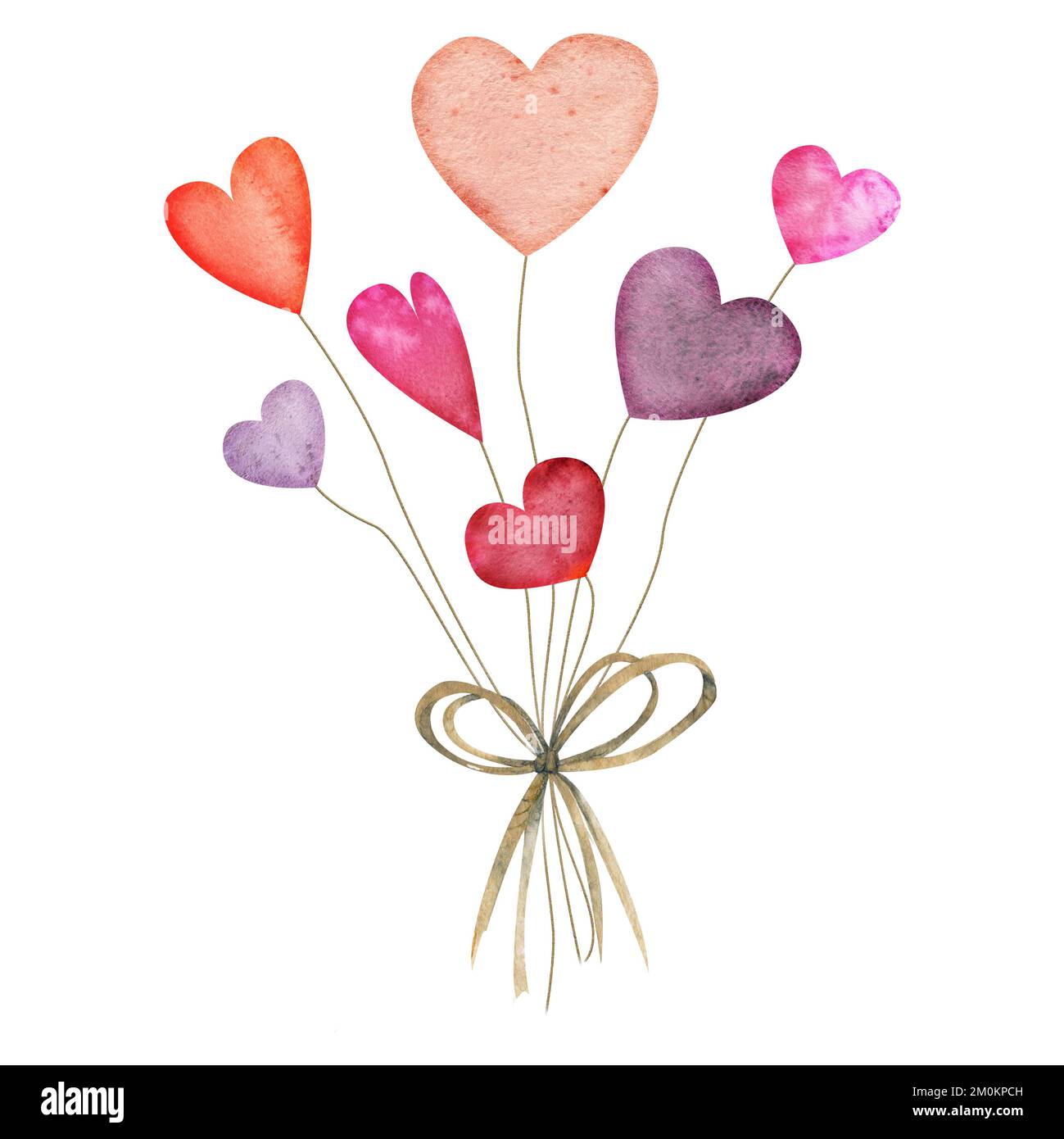 Aquarell handgezeichnete Komposition, Strauß aus roten und lila Herzen, Schleife zum Valentinstag. Isoliert auf weißem Hintergrund. Design für Papier, Liebes Stockfoto