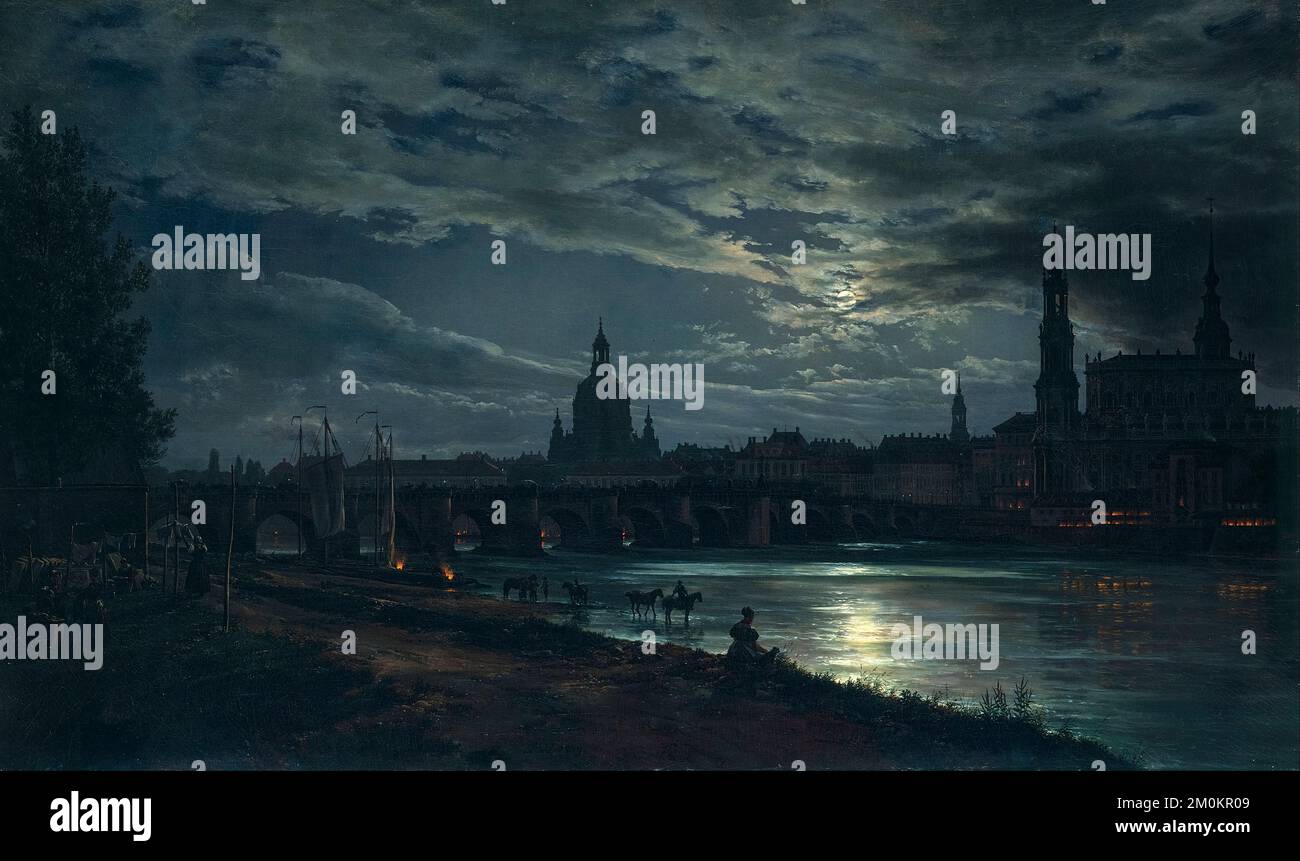 Johan Christian Dahl Gemälde, Dresden von Moonlight, Öl auf Leinwand, 1839 Stockfoto