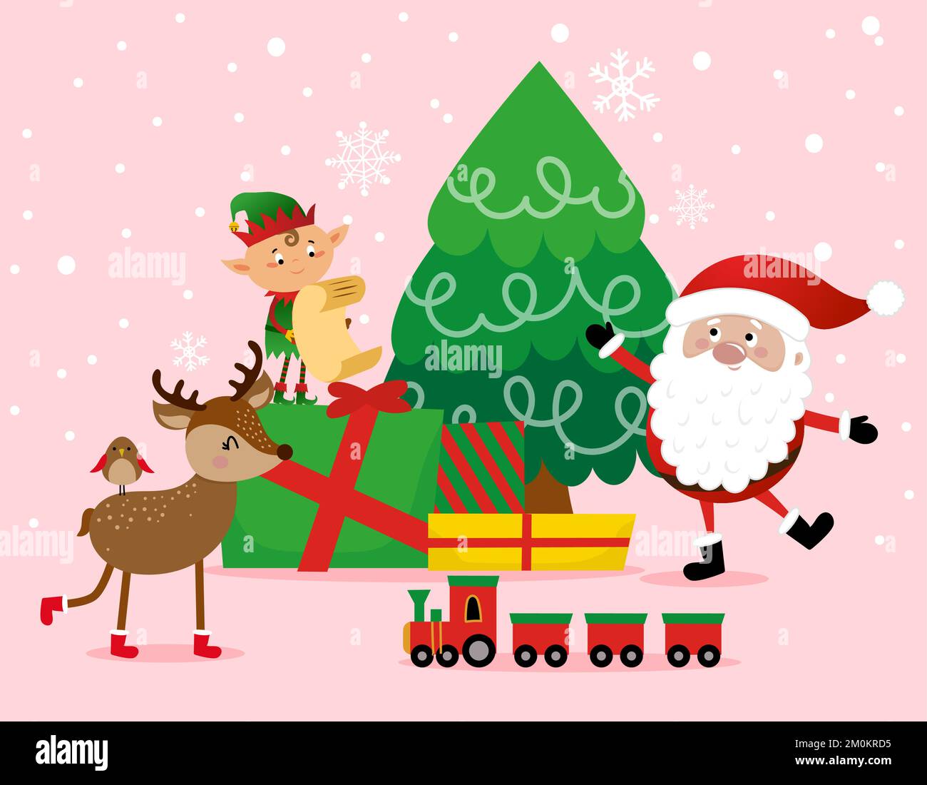 Weihnachtsszene - die kleinen Helfer des Weihnachtsmanns im Cartoon-Stil. Frohe Weihnachten und 
