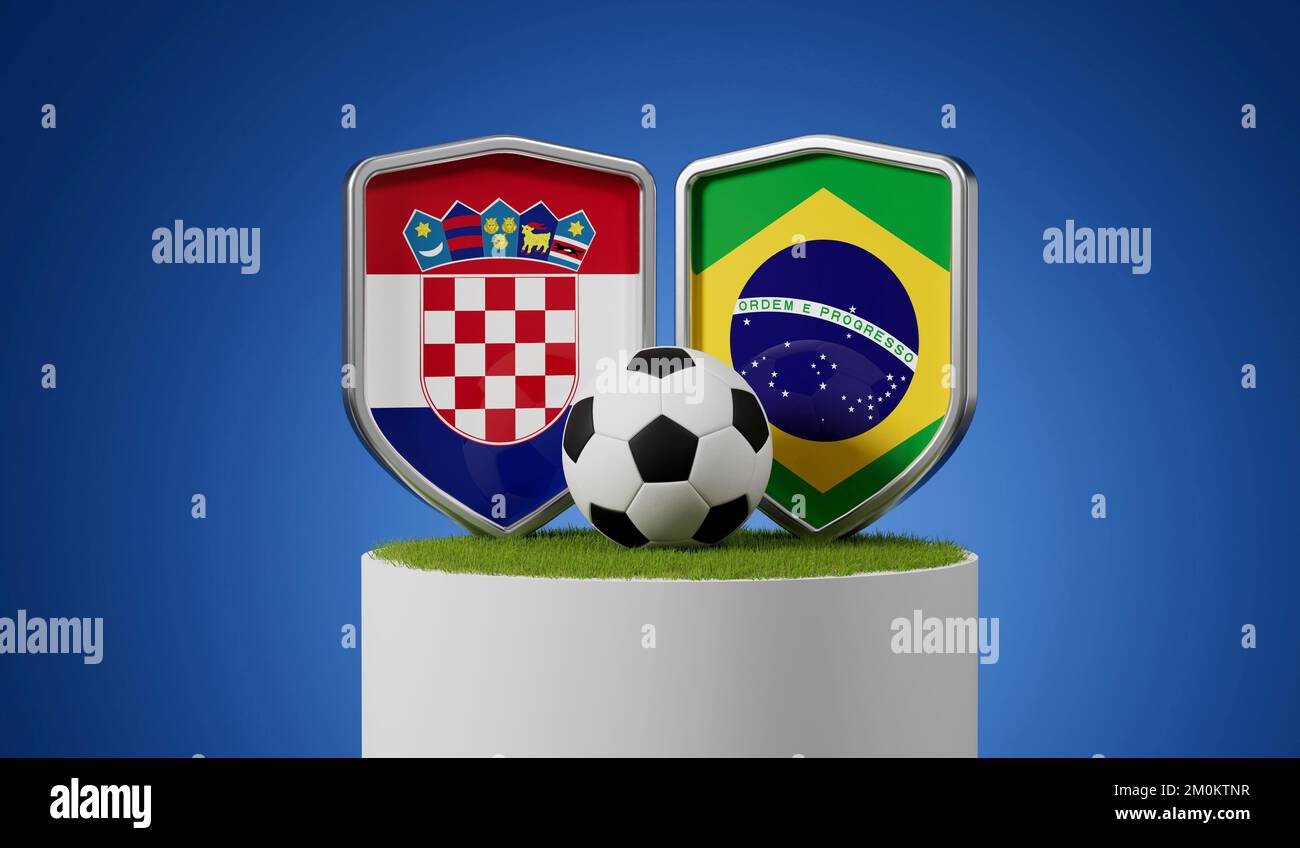 Kroatien gegen Brasilien schützt Fußball mit Fußball auf einem Rasenpodest. 3D-Rendering Stockfoto