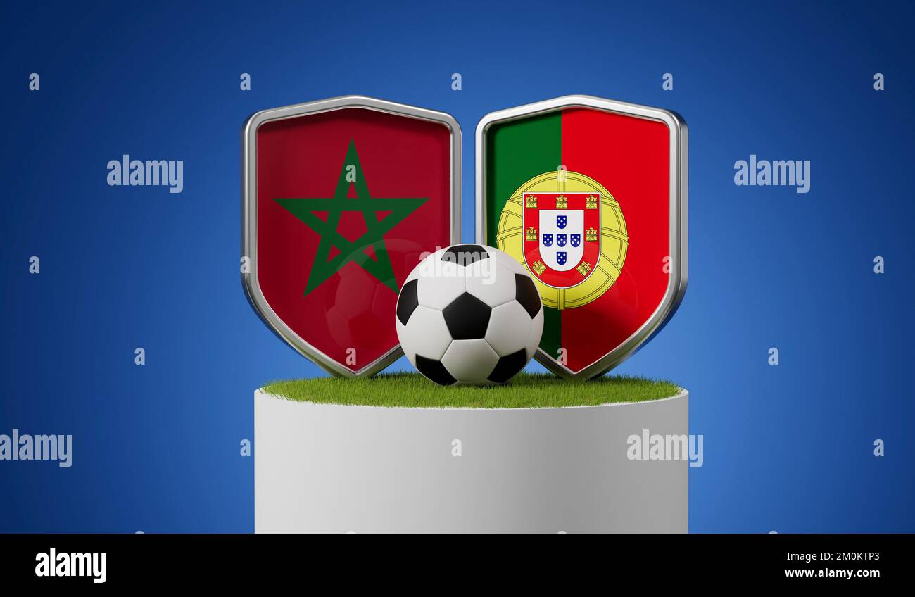 Marokko gegen Portugal Fußball schützt mit Fußball auf einem Graspodest. 3D-Rendering Stockfoto