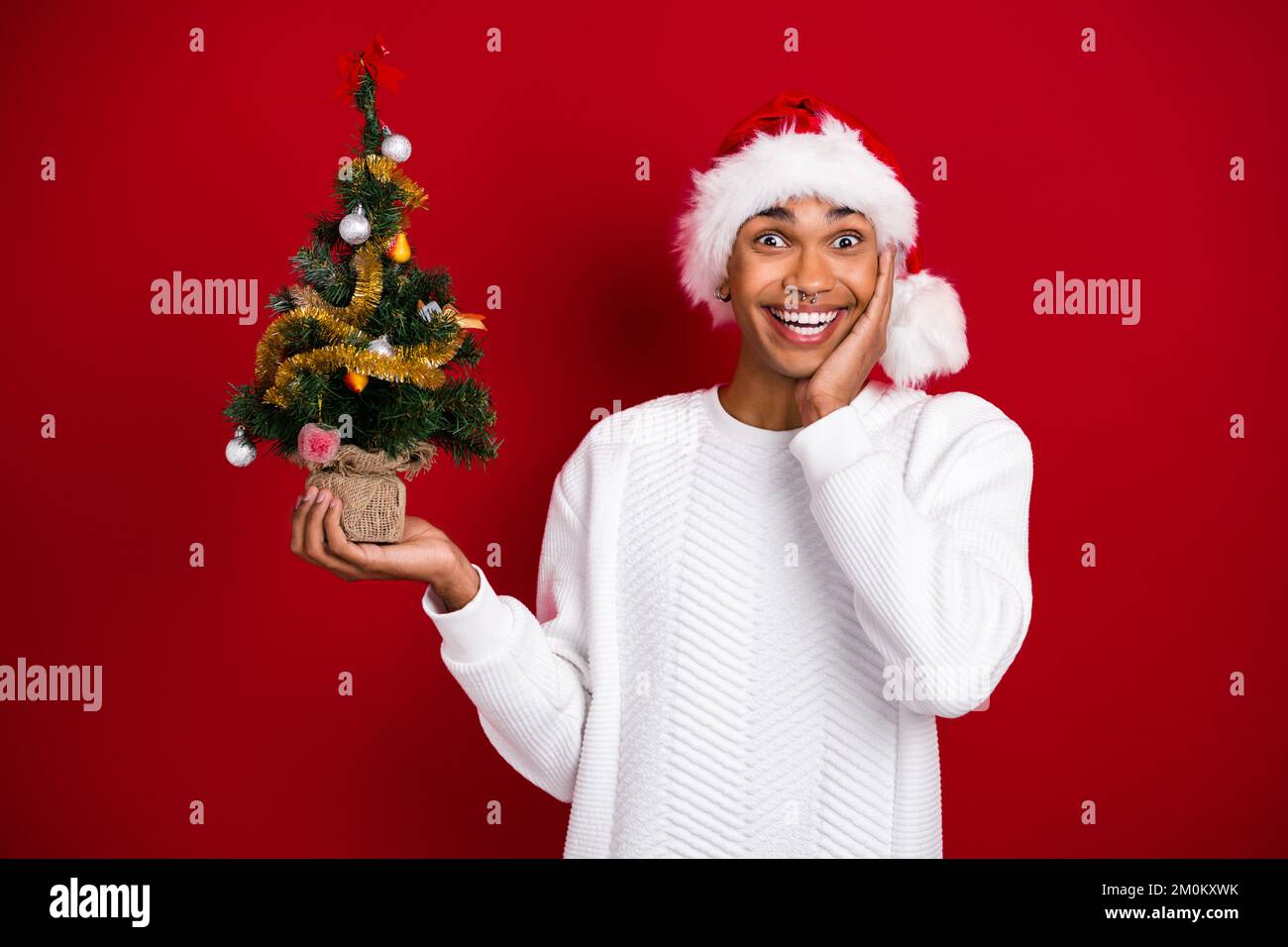 Porträt eines erstaunten, fröhlichen Mannes Hand-Touch Wangenpalme halten kleine Neujahrsbaumschmuck isoliert auf rotem Hintergrund Stockfoto