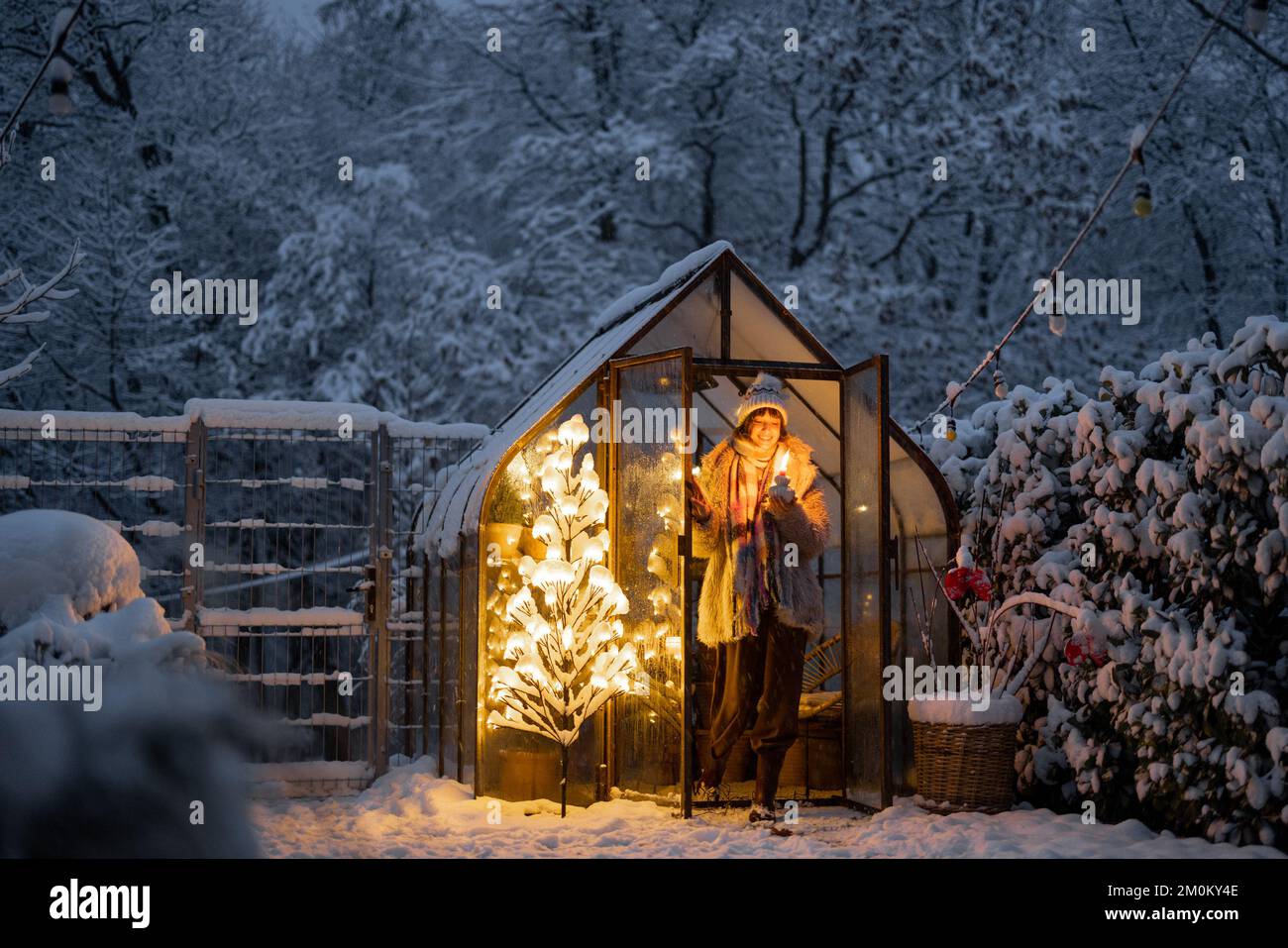 Verschneiter Hof mit Gewächshaus und glühendem Baumgraland Stockfoto