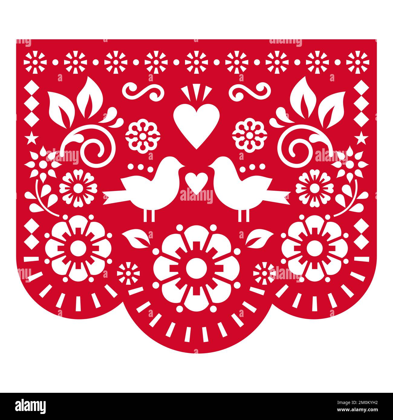 Valentinstag Papierausschnitt Dekoration mexikanisches Papel Picado Vektordesign mit Vögeln, Herz und Blumen, roter Hintergrund Stock Vektor