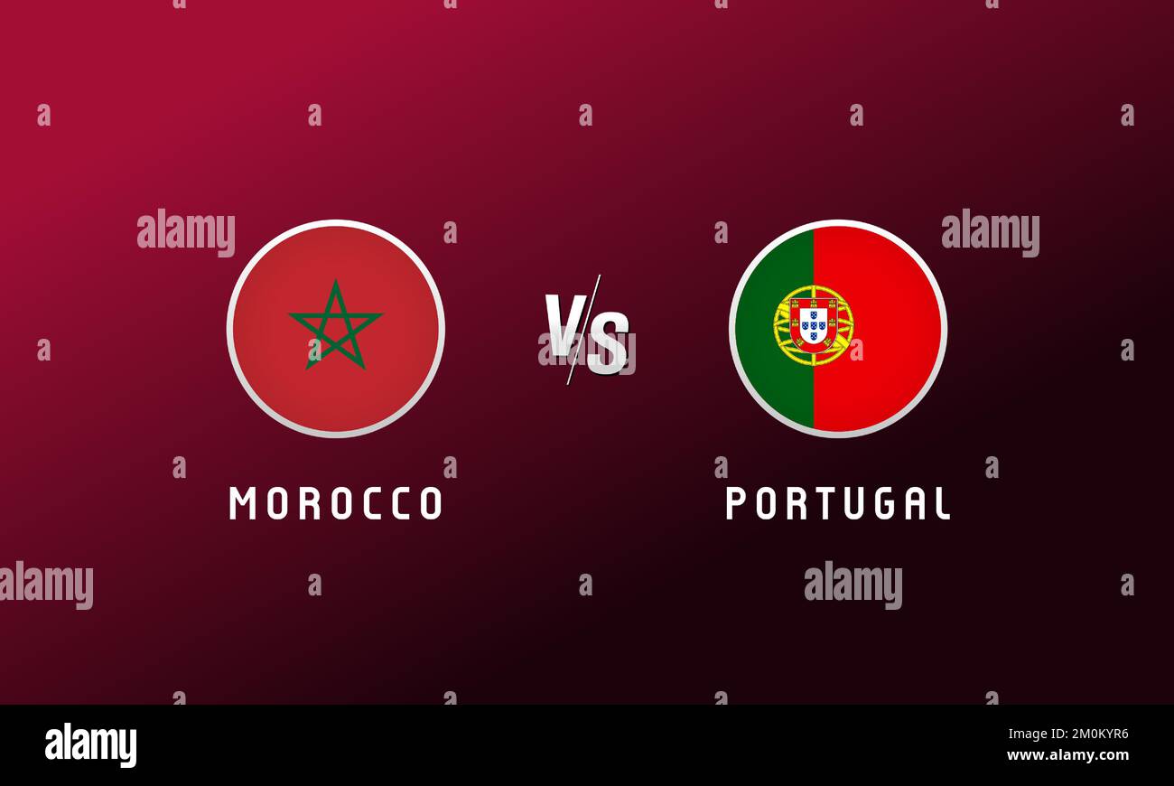 Rundes Emblem der Flagge von Marokko gegen Portugal. Fußballhintergrund mit Logo der marokkanischen und portugiesischen Nationalflagge. Sportdarstellung für das Turnier Stock Vektor