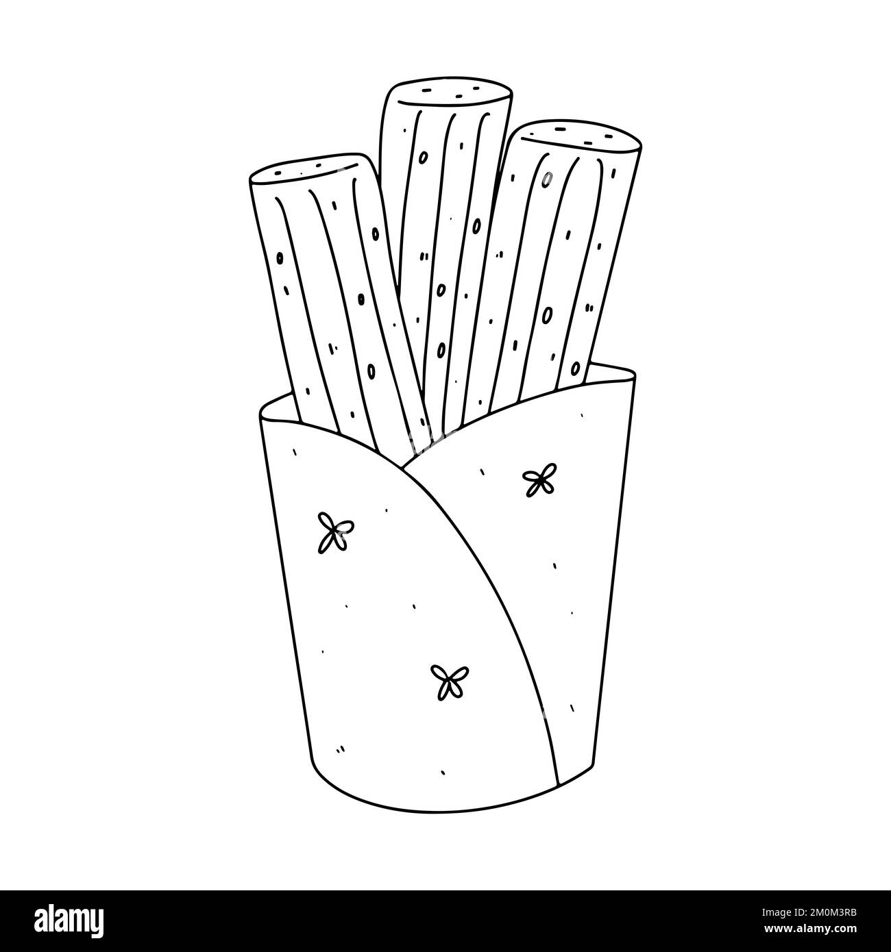 Churros im handgezeichneten Doodle-Stil. Mexikanischer Snack. Vektordarstellung. Churros stecken in Papiertüte Stock Vektor